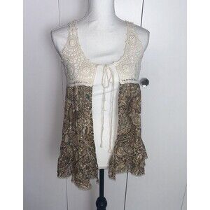 Rue 21 Open Tie Front Semi Sheer Paisley Crochet Ruffle Bottom Top Size S